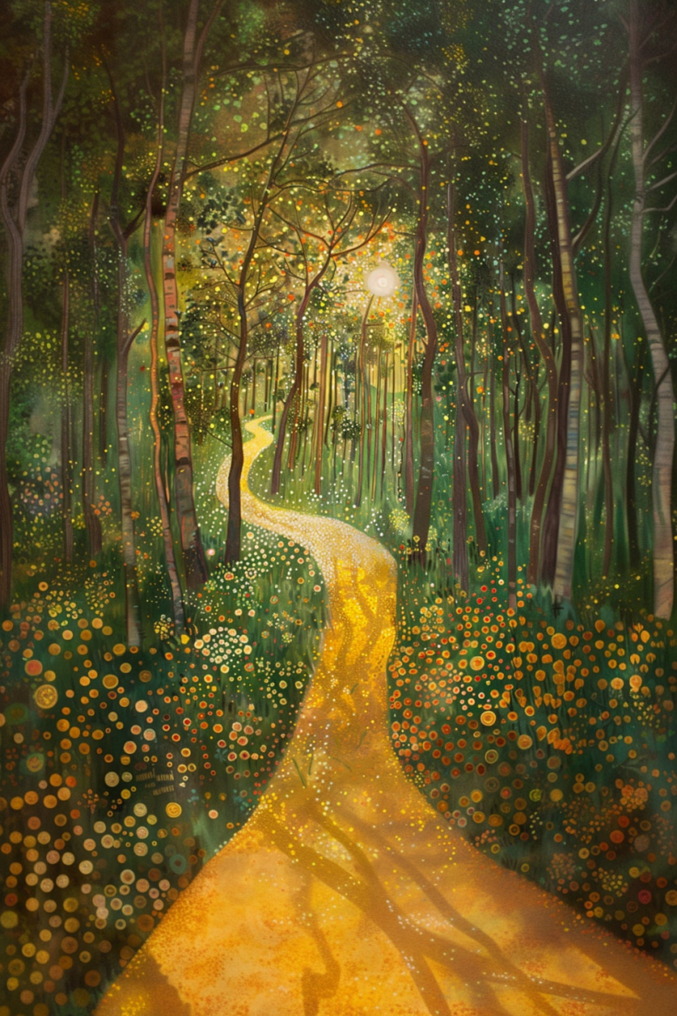 Whimsical illustration of a forest in summer with the sun shining through the trees