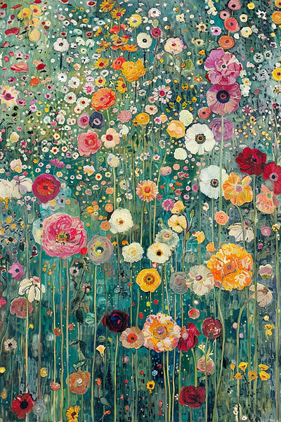 Painting of a colorful overgrown garden full of wildflowers.