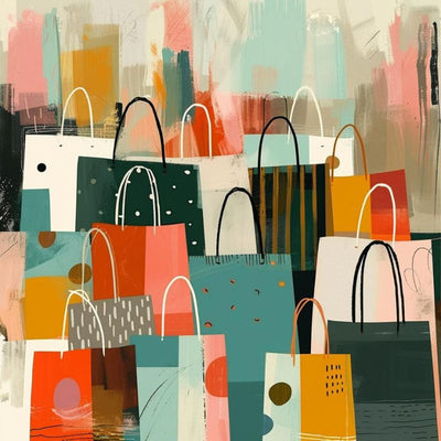 Whimsical illustration of a lot of shopping bags with different patterns.