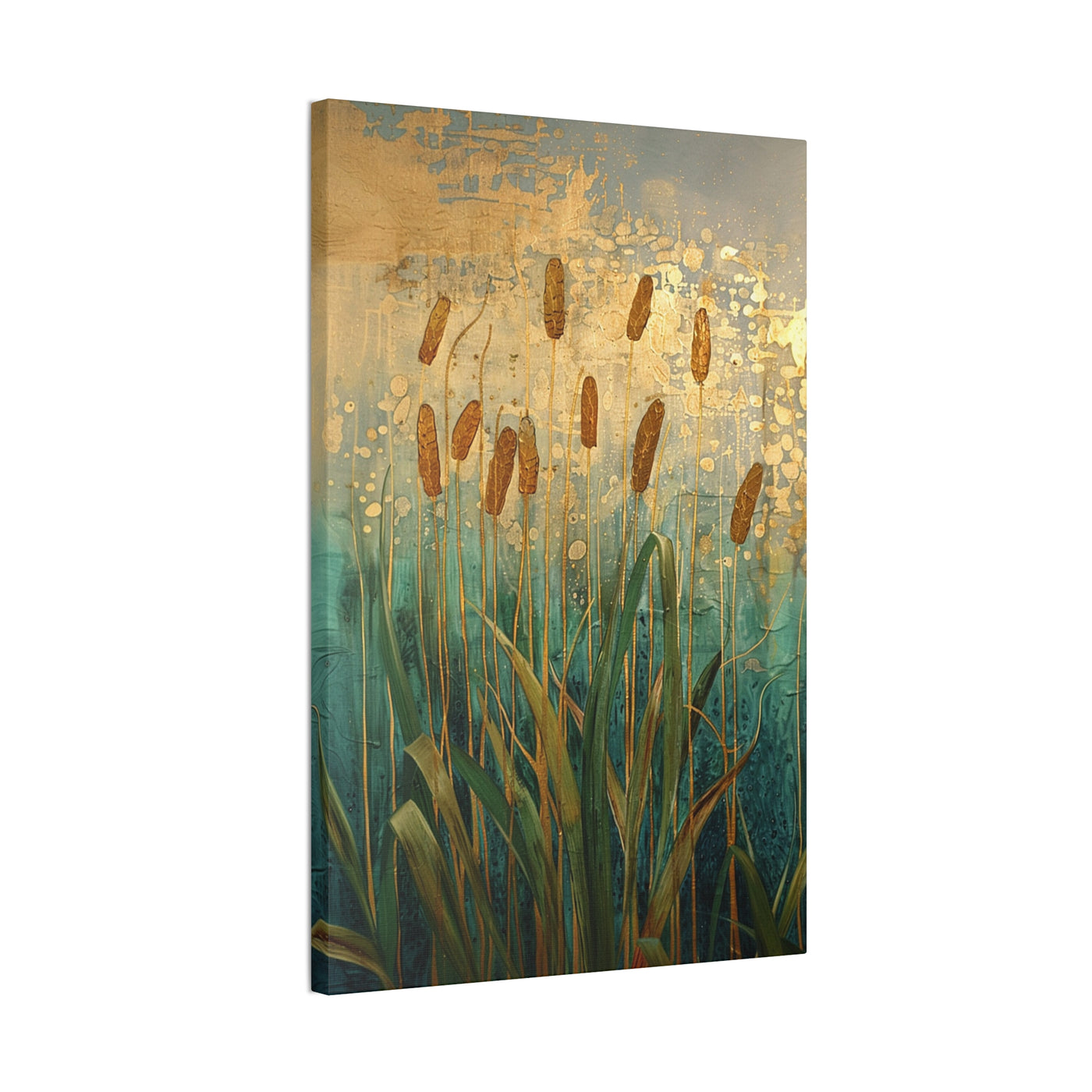 Canvas wall art print showing 'Reeds in Reverie - Cattails in Abstract Dreams' sideview