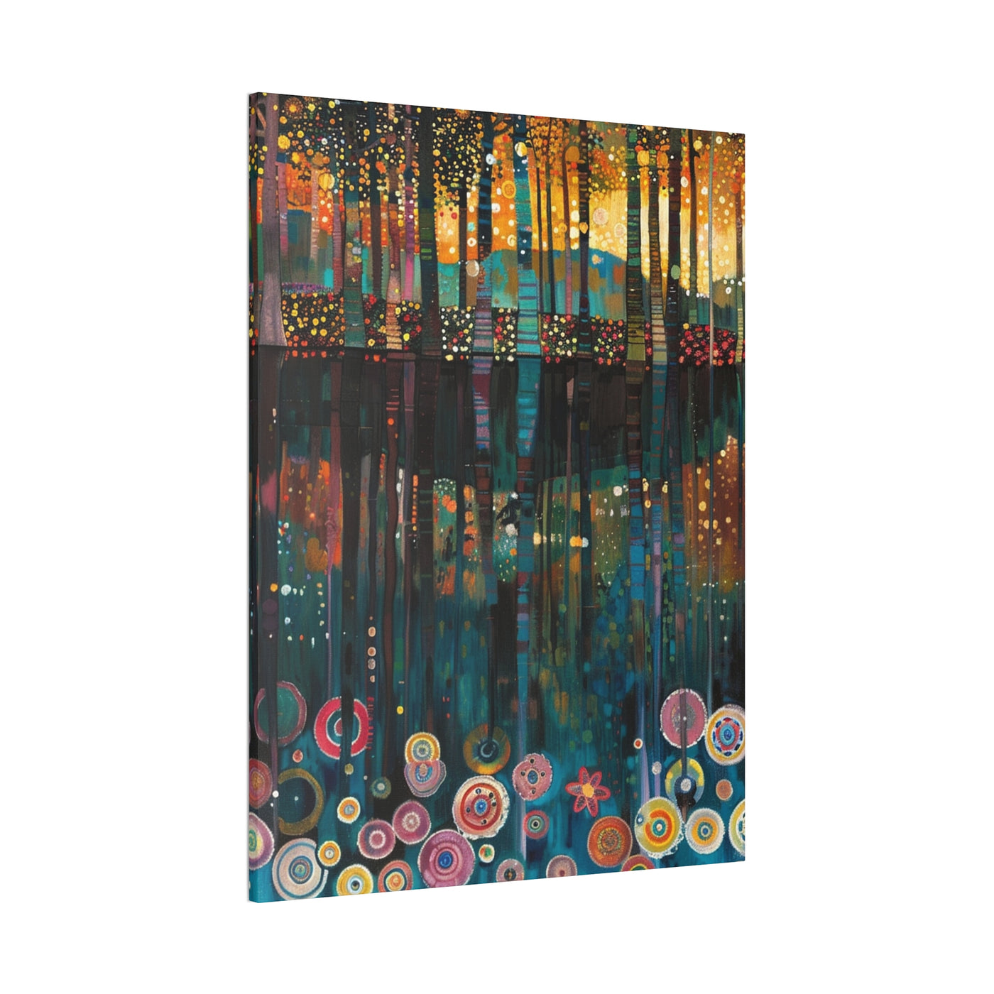 Product image showing canvas wall art of Serene Reflections - Deep Forest Mirrored in Lake Waters sideview