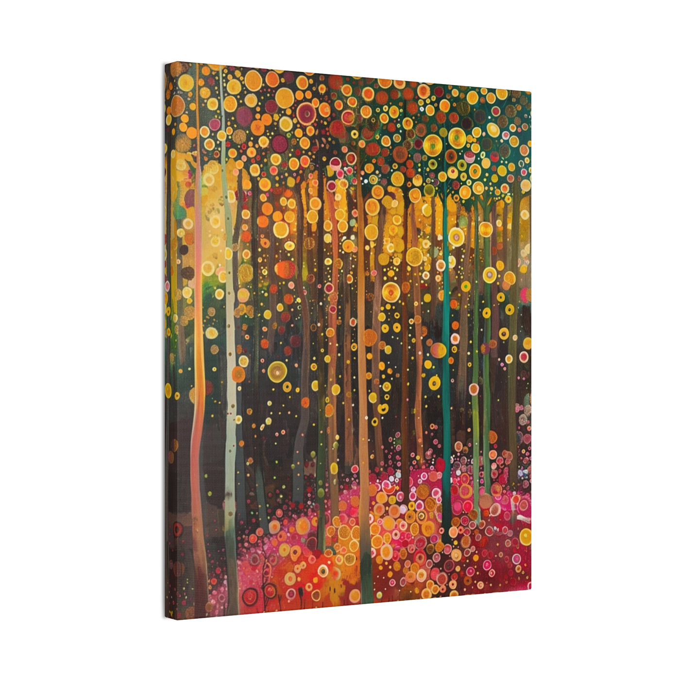 Product image showing canvas wall art of Glowing Grove - Summertime Forest and Sunbeams sideview