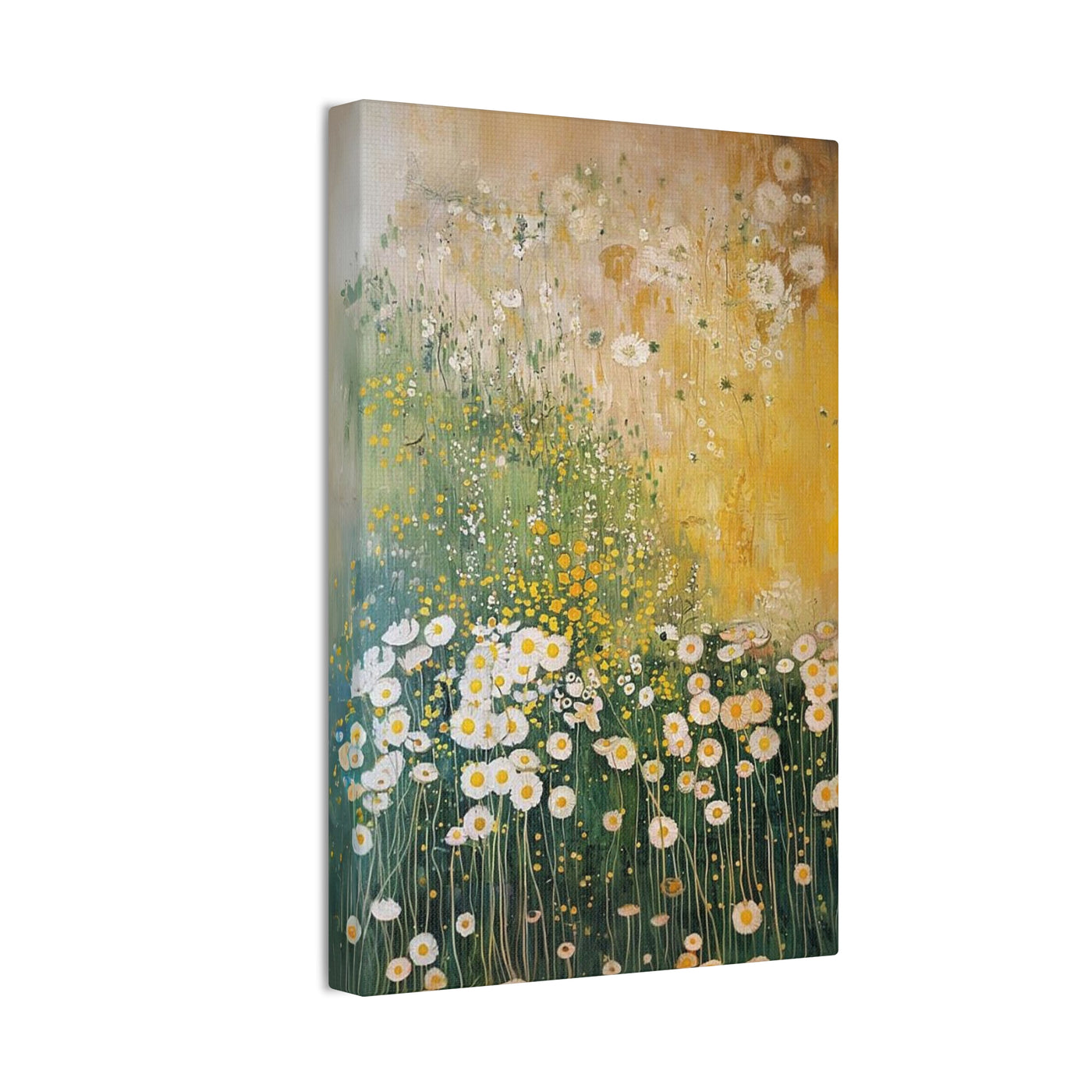 Canvas print wall art featuring 'Sunlit Serenity - White and Yellow Wildflowers in Soft Harmony' sideview