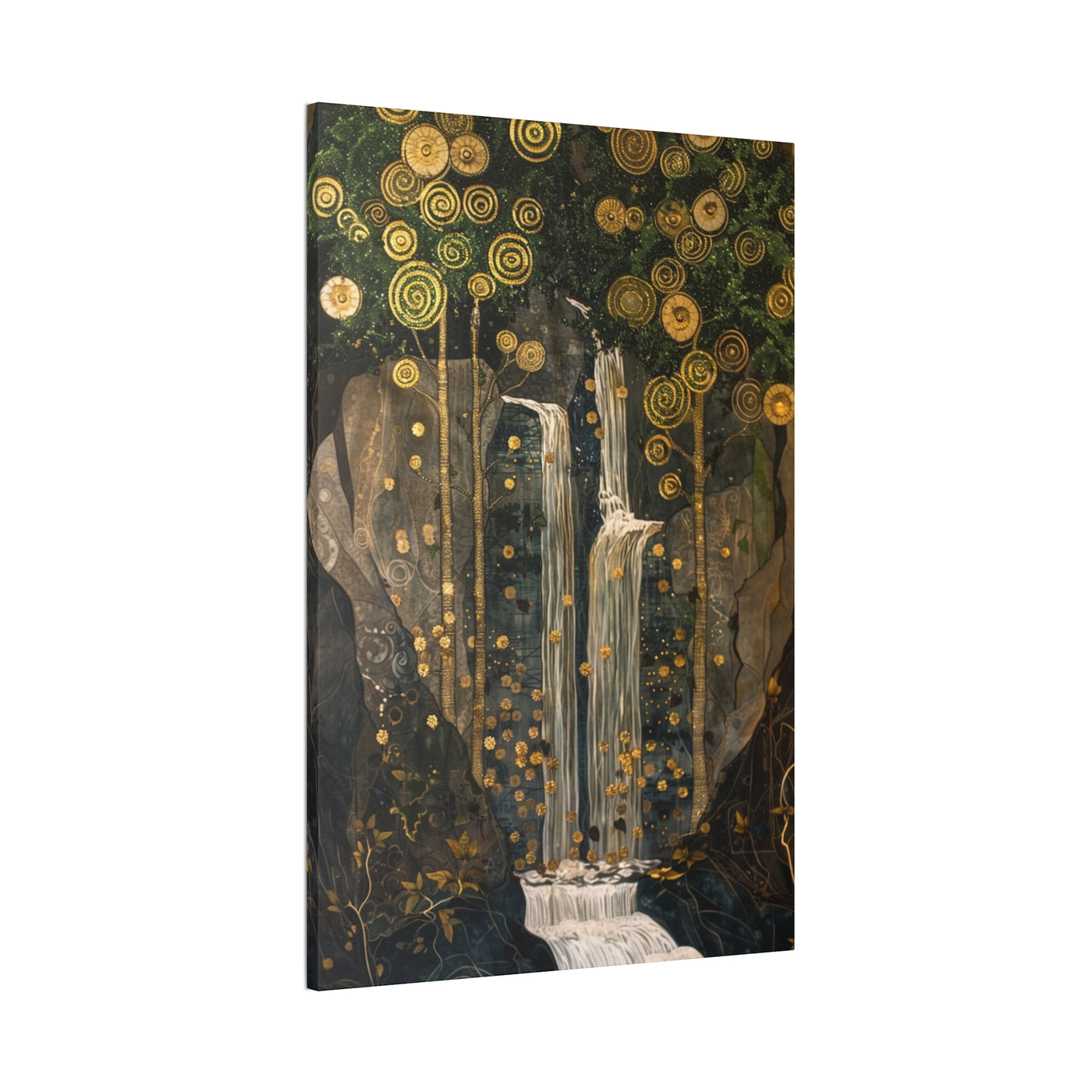 Product image of canvas print wall art featuring a waterfall surrounded by golden trees sideview