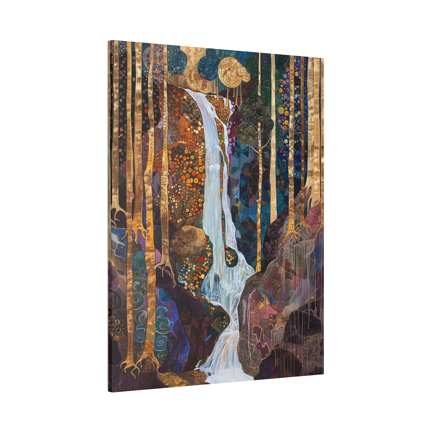 Product image showing canvas print art of forest waterfall in rich hues sideview