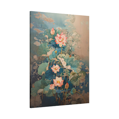 Canvas print wall art showing 'Lotus Mirage - Pink Blossoms in Abstract Waters' sideview