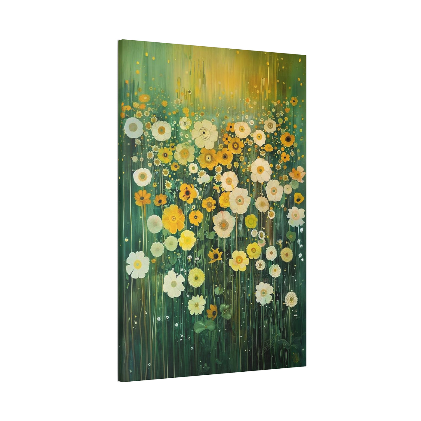 Canvas print wall art featuring 'Whispering Light - Gentle Wildflowers in White and Yellow' sideview
