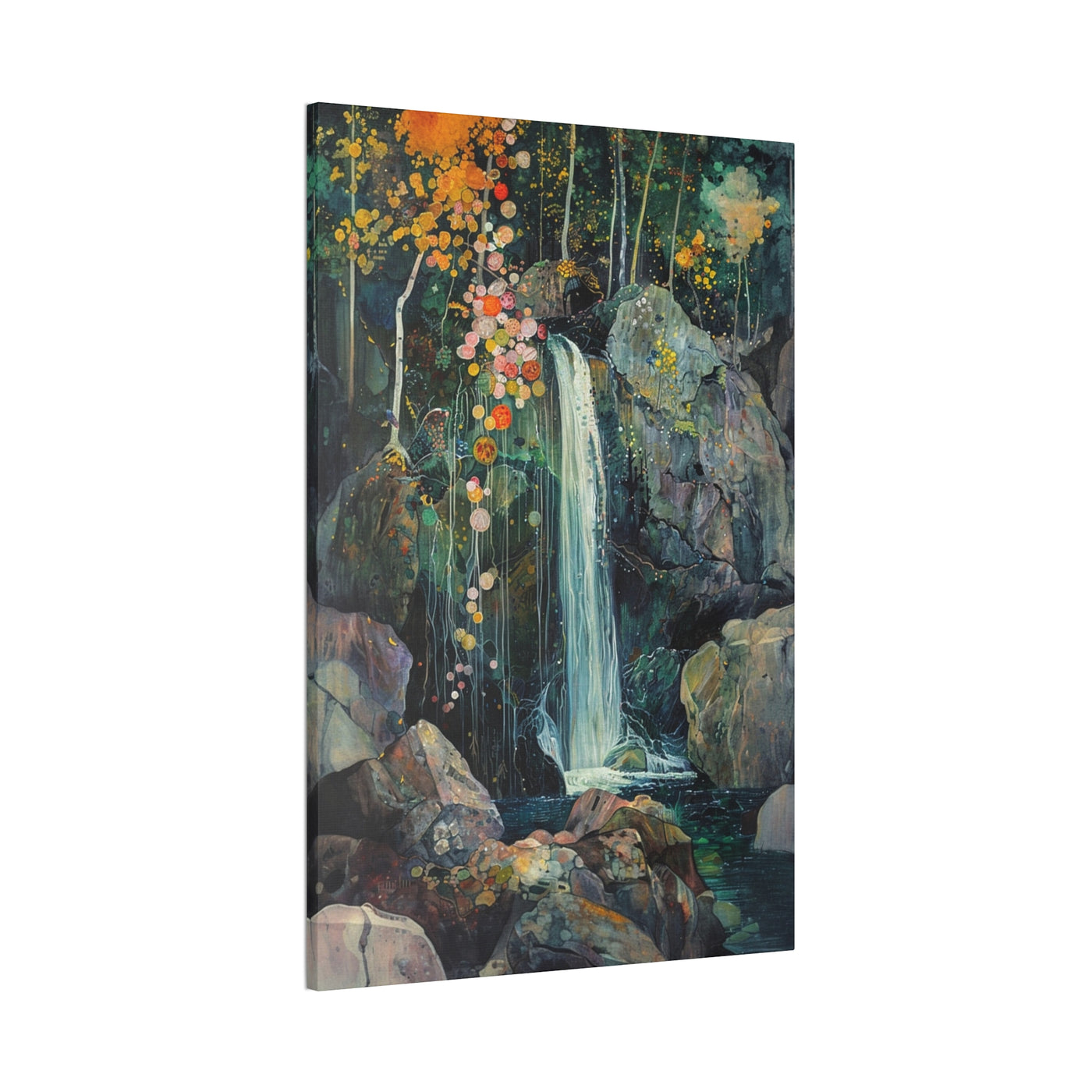 Product image of canvas wall art showing a Waterfall Amidst Dark Woodland Greens sideview