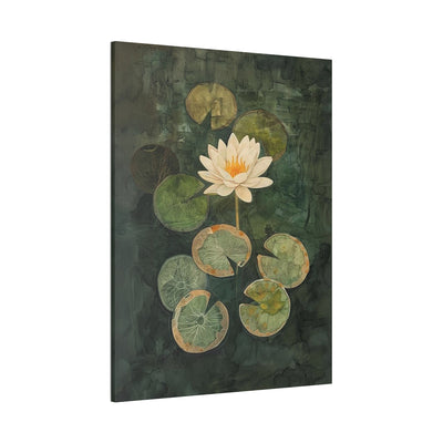 Canvas print wall art showing 'Mirrored Elegance - Water Lily Amidst Stillness' sideview