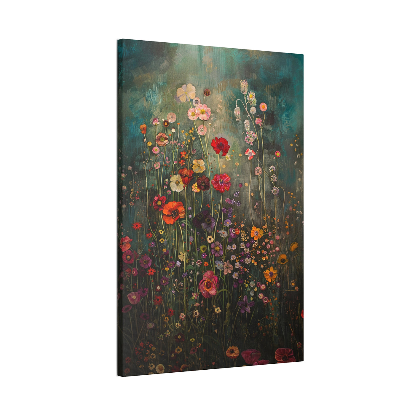 canvas wall art print of 'Shadowed Flora - Deep Hues Amidst Gentle Abstracts' sideview