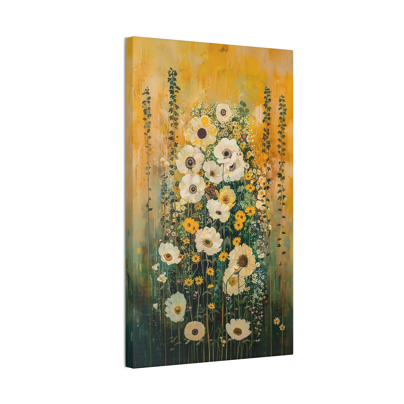Canvas wall art print featuring 'Subtle Grace - White and Yellow Wildflowers in Gentle Abstraction' sideview