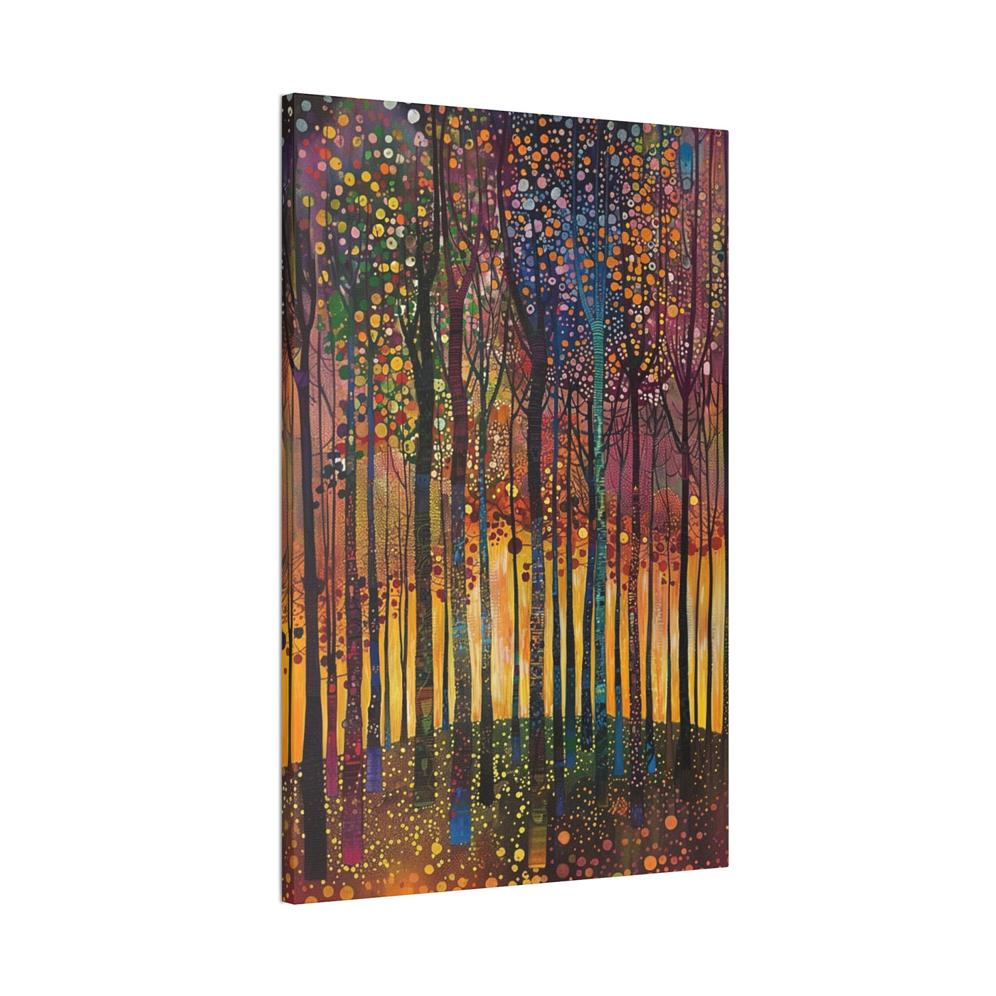 Product image showing canvas wall art of Sunlit Serenity - A Peaceful Forest in Bloom sideview