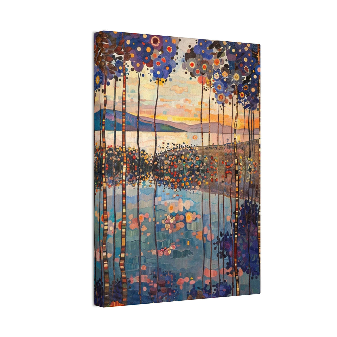 Product image showing canvas wall art of Verdant Echo - Forest and Lake in Intense Colors sideview.
