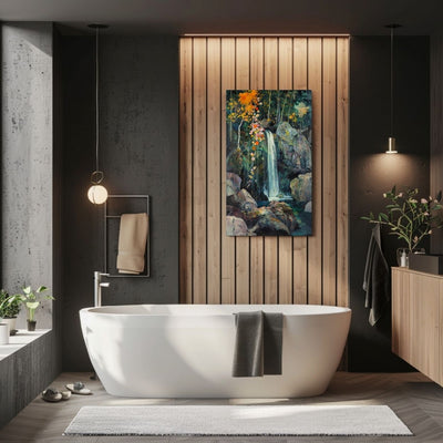 Product image of canvas wall art showing a Waterfall Amidst Dark Woodland Greens in a bathroom