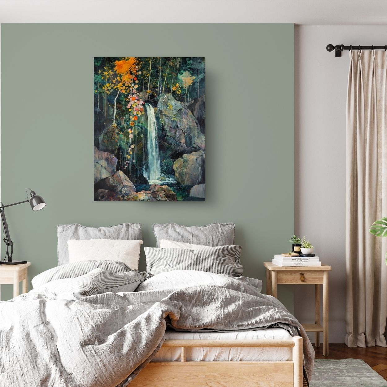 Product image of canvas wall art showing a Waterfall Amidst Dark Woodland Greens in a bedroom