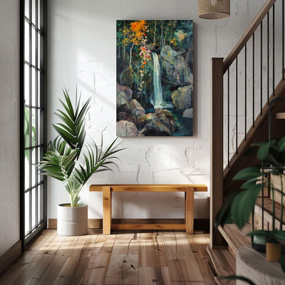 Product image of canvas wall art showing a Waterfall Amidst Dark Woodland Greens in an entryway