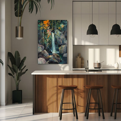 Product image of canvas wall art showing a Waterfall Amidst Dark Woodland Greens in a kitchen