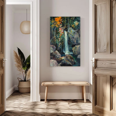 Product image of canvas wall art showing a Waterfall Amidst Dark Woodland Greens in an entryway