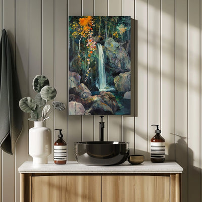 Product image of canvas wall art showing a Waterfall Amidst Dark Woodland Greens over a washbasin