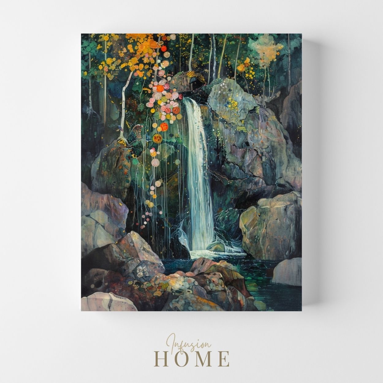 Majestic Flow - Waterfall Amidst Dark Woodland Greens - Infusion Home