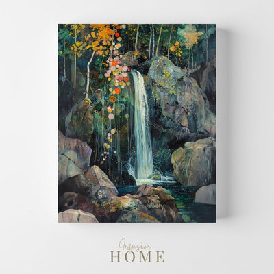 Product image of canvas wall art showing a Waterfall Amidst Dark Woodland Greens