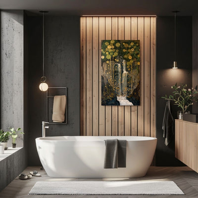 Product image of canvas print wall art featuring a waterfall surrounded by golden trees in a bathroom