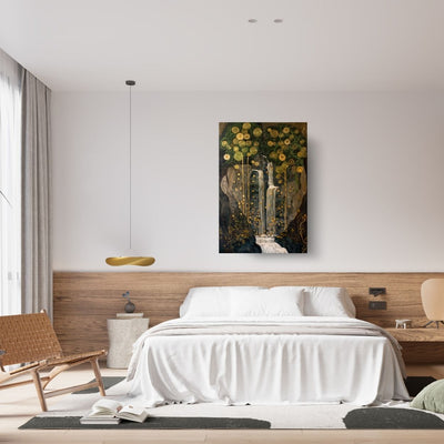 Product image of canvas print wall art featuring a waterfall surrounded by golden trees in a bedroom