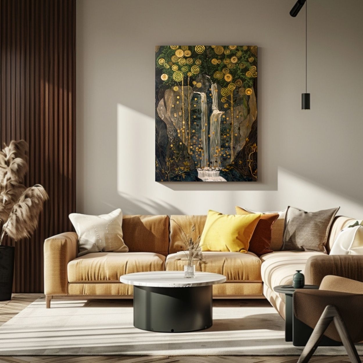 Product image of canvas print wall art featuring a waterfall surrounded by golden trees in a living room