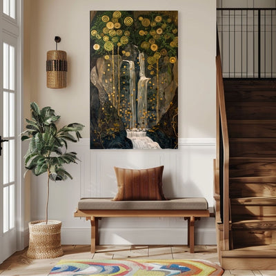 Product image of canvas print wall art featuring a waterfall surrounded by golden trees in an entryway