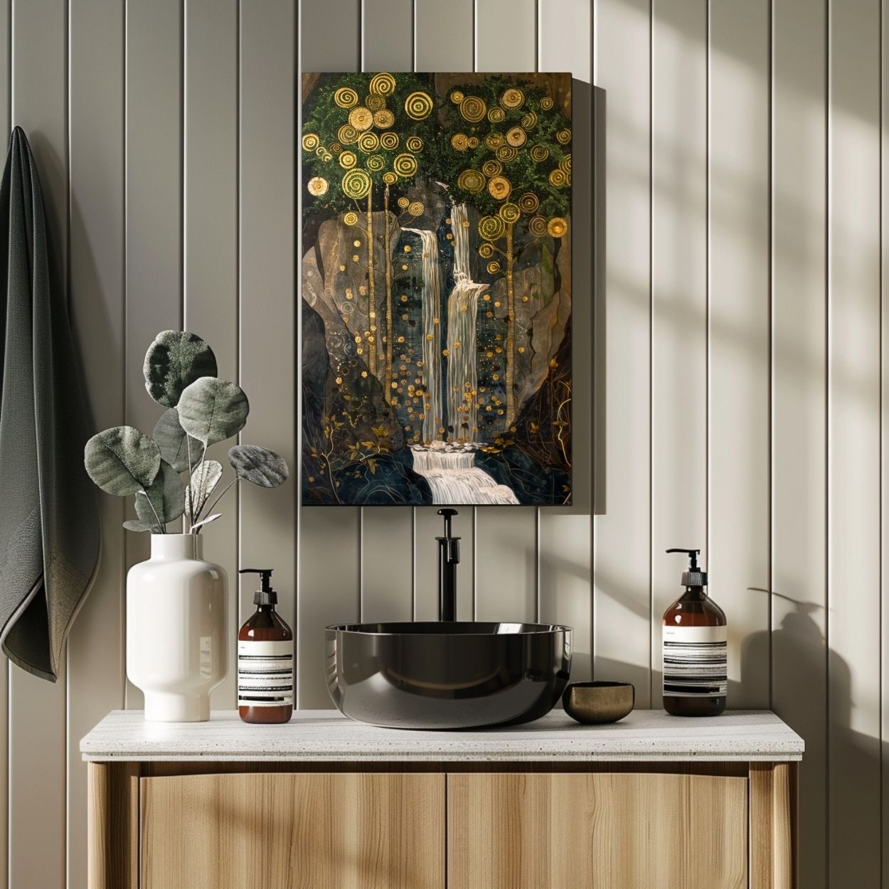 Product image of canvas print wall art featuring a waterfall surrounded by golden trees over a washbasin