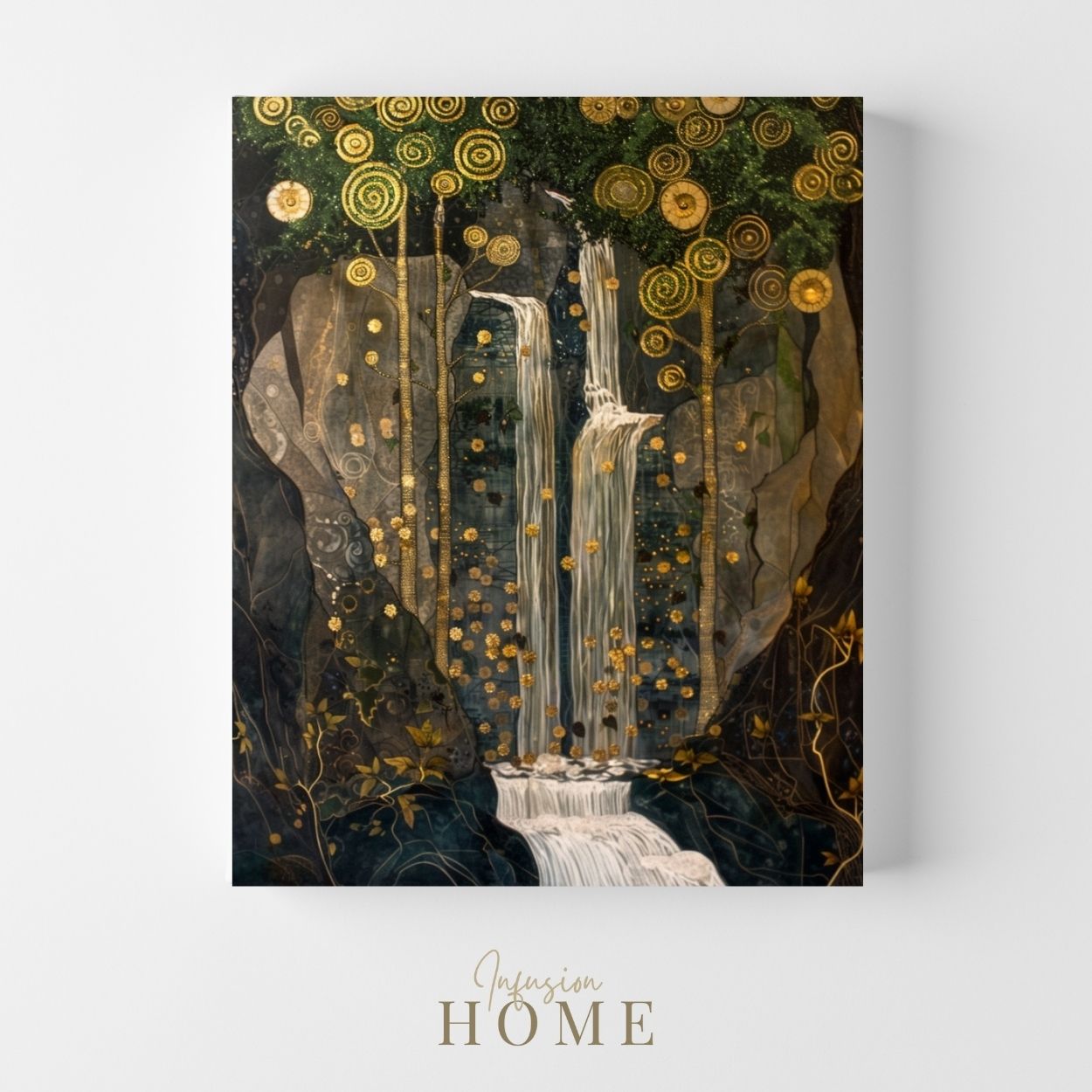 Product image of canvas print wall art featuring a waterfall surrounded by golden trees