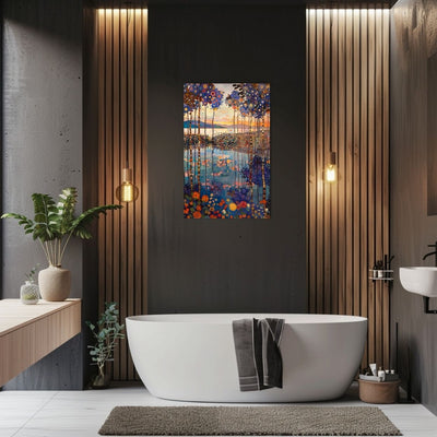 Product image showing canvas wall art of Verdant Echo - Forest and Lake in Intense Colors in a modern bathroom.