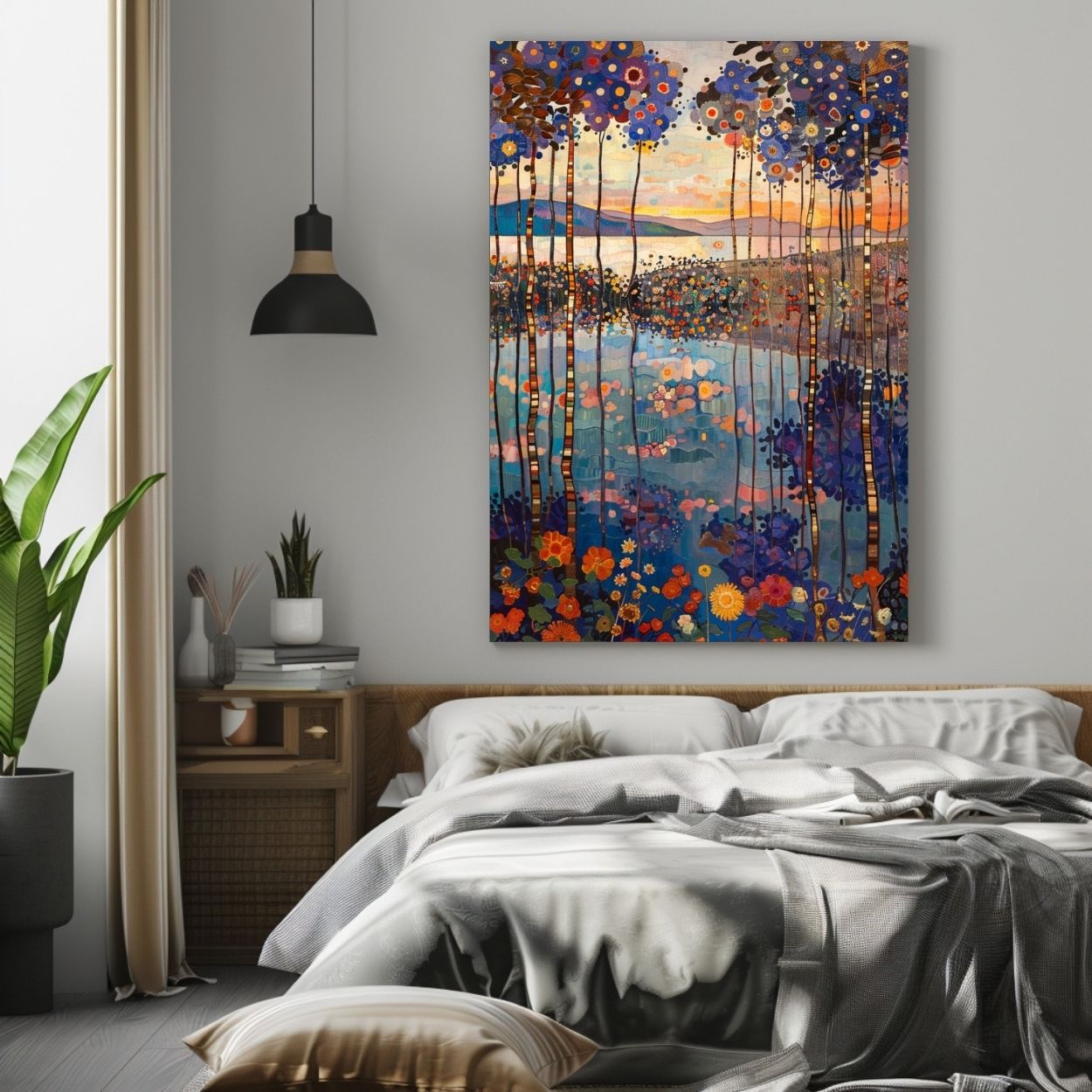 Product image showing canvas wall art of Verdant Echo - Forest and Lake in Intense Colors in a bedroom.