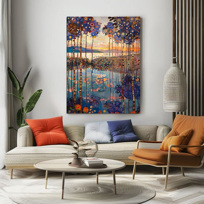 Product image showing canvas wall art of Verdant Echo - Forest and Lake in Intense Colors in a modern living room.