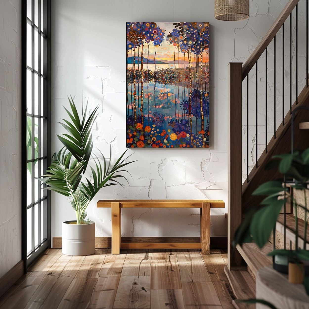 Product image showing canvas wall art of Verdant Echo - Forest and Lake in Intense Colors in a hallway.