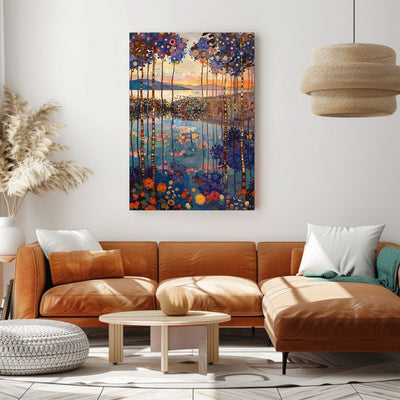 Product image showing canvas wall art of Verdant Echo - Forest and Lake in Intense Colors in a living room.