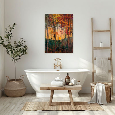 Product image showing canvas wall art of Verdant Vision - Sun-Kissed Leaves and Blooms in the Fall in a bathroom