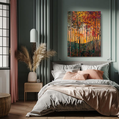 Product image showing canvas wall art of Verdant Vision - Sun-Kissed Leaves and Blooms in the Fall in a bedroom