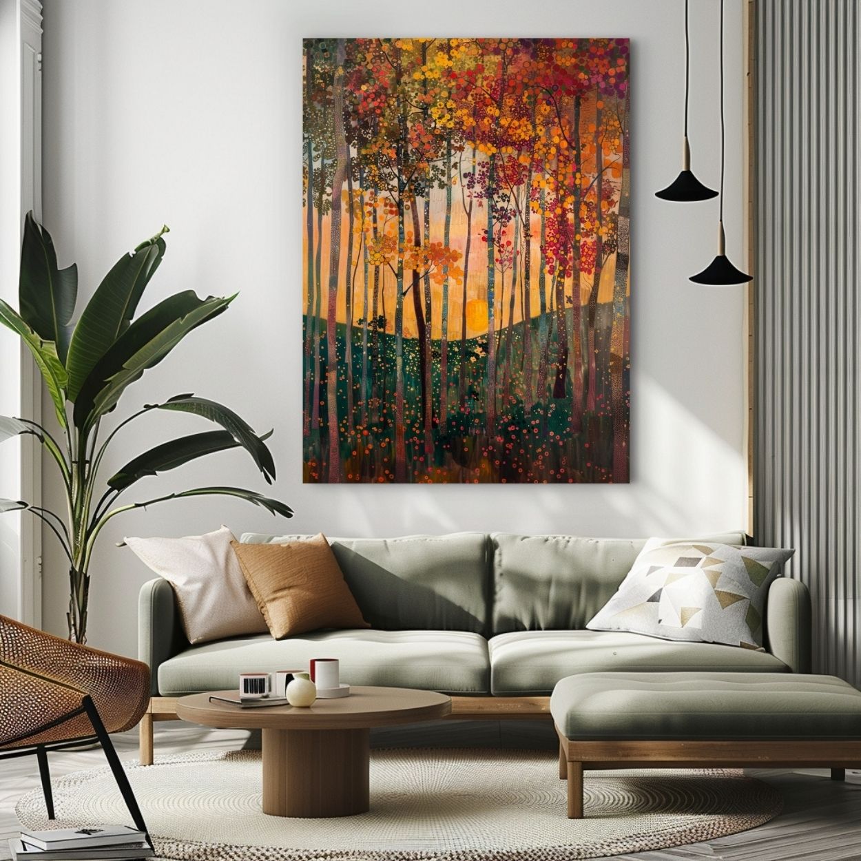 Product image showing canvas wall art of Verdant Vision - Sun-Kissed Leaves and Blooms in the Fall in a living room