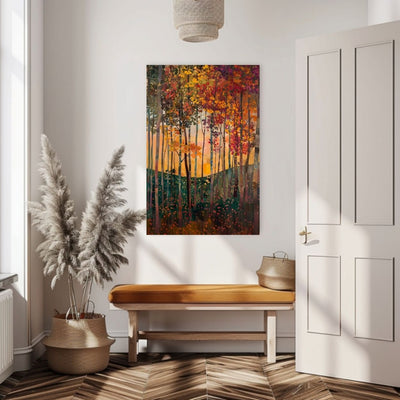 Product image showing canvas wall art of Verdant Vision - Sun-Kissed Leaves and Blooms in the Fall in a boho hallway