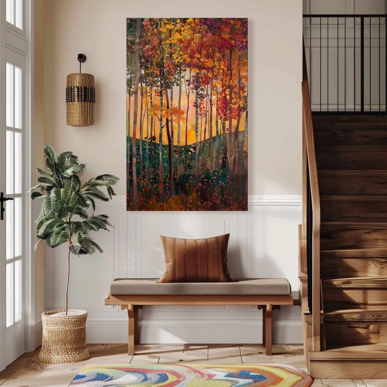 Product image showing canvas wall art of Verdant Vision - Sun-Kissed Leaves and Blooms in the Fall in a hallway