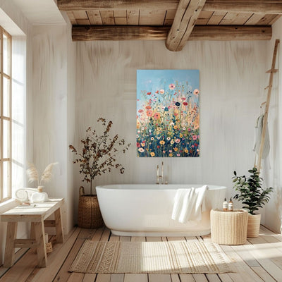 Product image showing canvas wall art of Wildflower Symphony - A Meadow of Lush Vibrant Blooms in a bathroom.