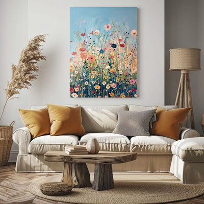 Product image showing canvas wall art of Wildflower Symphony - A Meadow of Lush Vibrant Blooms in a living room.