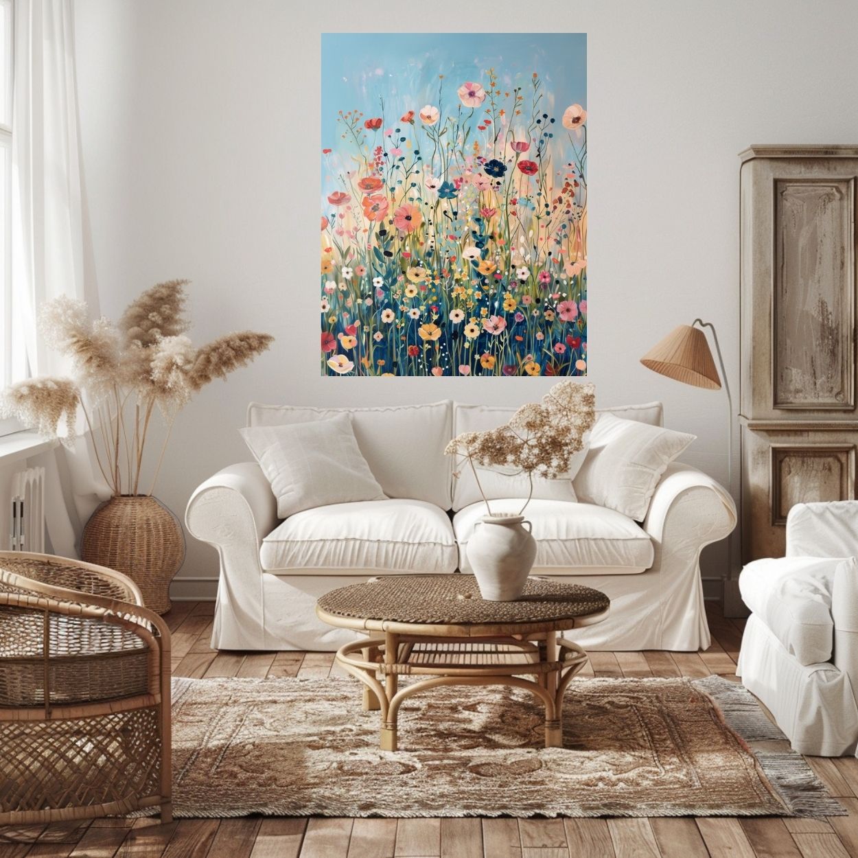 Product image showing canvas wall art of Wildflower Symphony - A Meadow of Lush Vibrant Blooms in a white living room.