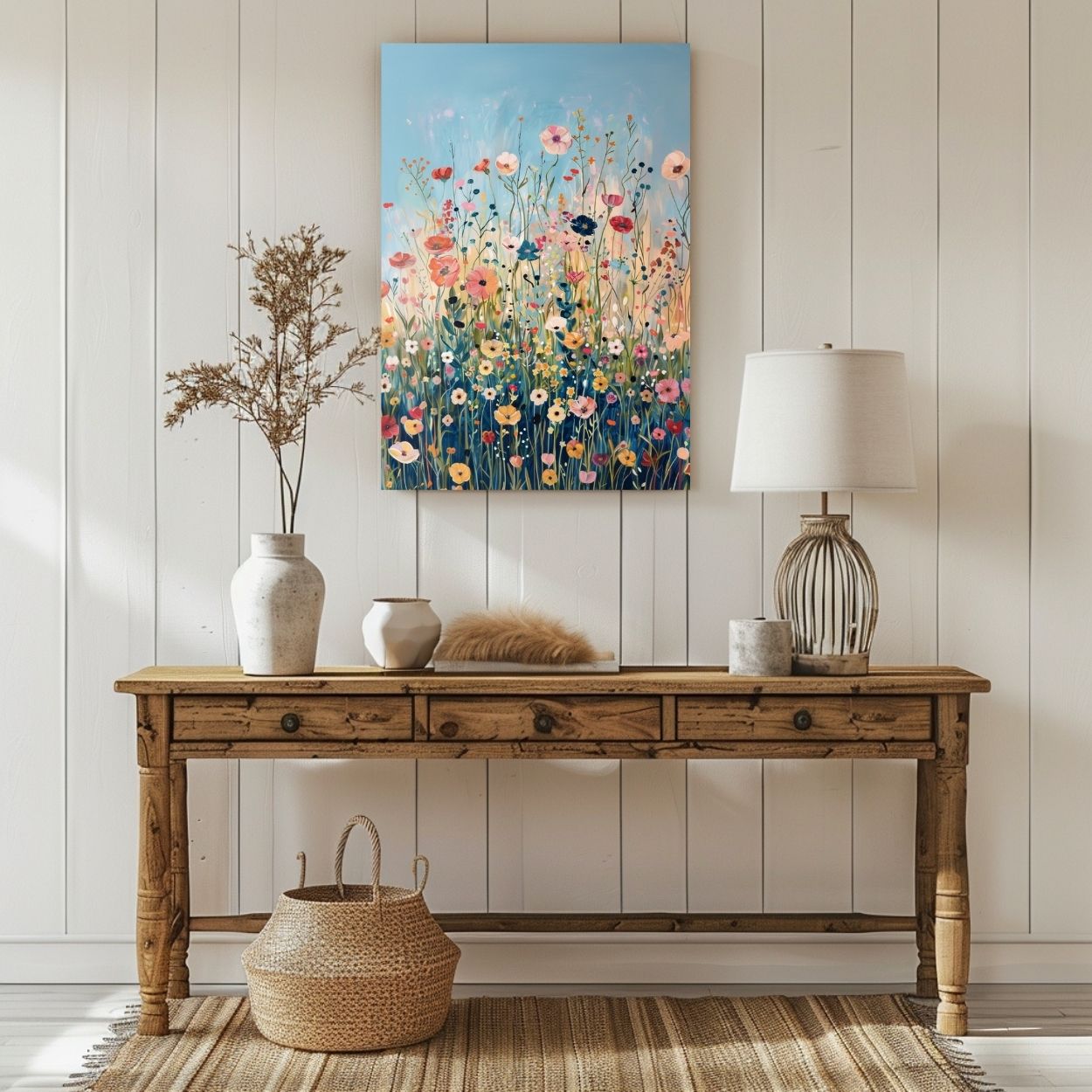 Product image showing canvas wall art of Wildflower Symphony - A Meadow of Lush Vibrant Blooms in a hallway.