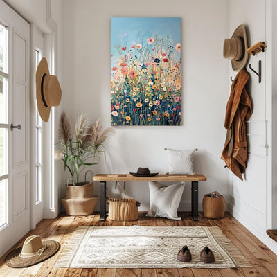 Product image showing canvas wall art of Wildflower Symphony - A Meadow of Lush Vibrant Blooms in a country style hallway.