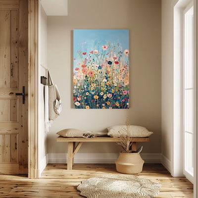 Product image showing canvas wall art of Wildflower Symphony - A Meadow of Lush Vibrant Blooms in an entryway.