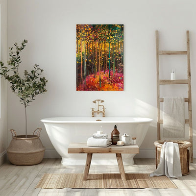 Product image showing canvas wall art of Glowing Grove - Summertime Forest and Sunbeams in a bathroom