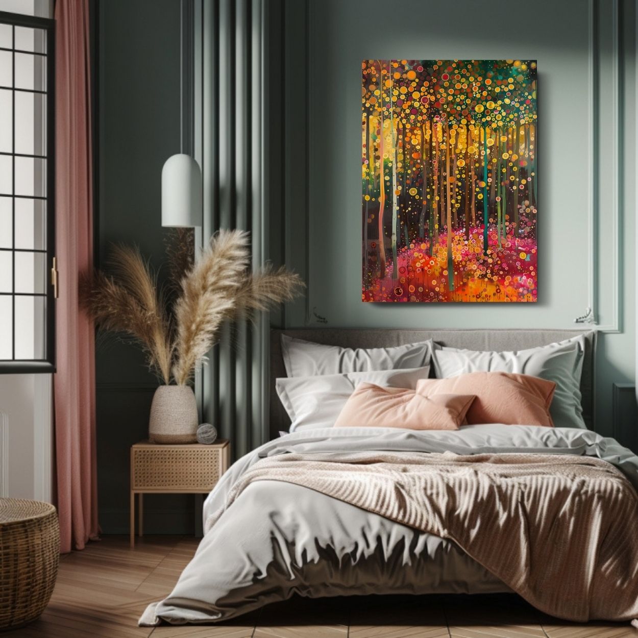 Product image showing canvas wall art of Glowing Grove - Summertime Forest and Sunbeams in a bedroom