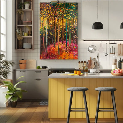 Product image showing canvas wall art of Glowing Grove - Summertime Forest and Sunbeams in a kitchen